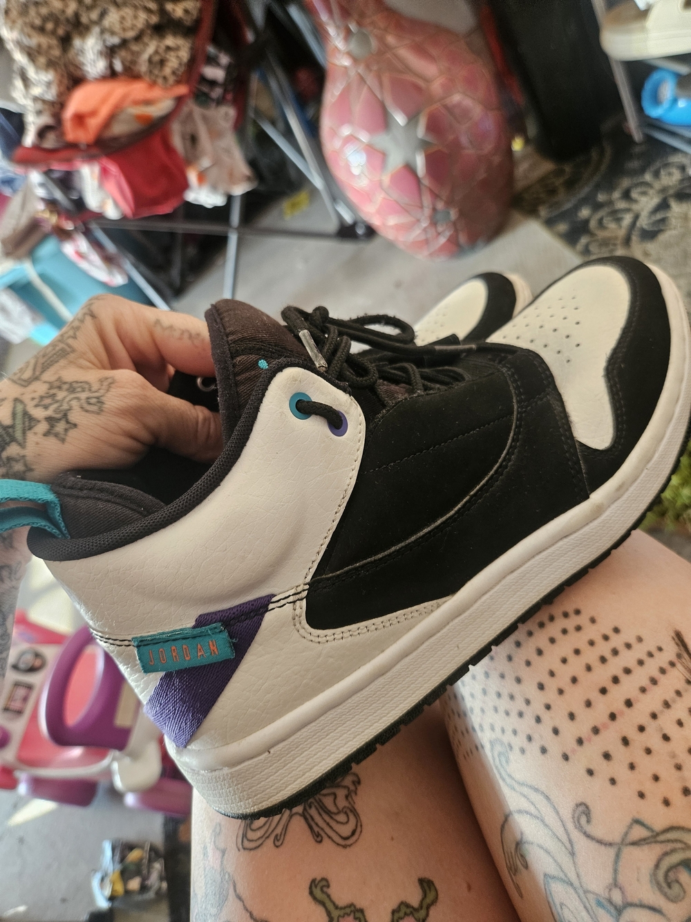 Jordan Black and White Mid-Top Sneakers with Teal & Purple Accent